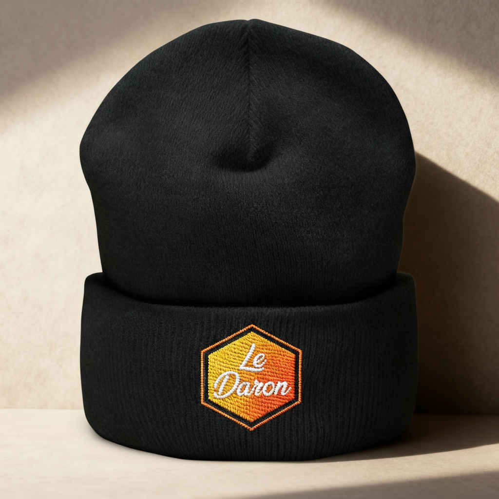 Bonnet Le Daron brodé - coloris noir classique - à plat sur fond beige