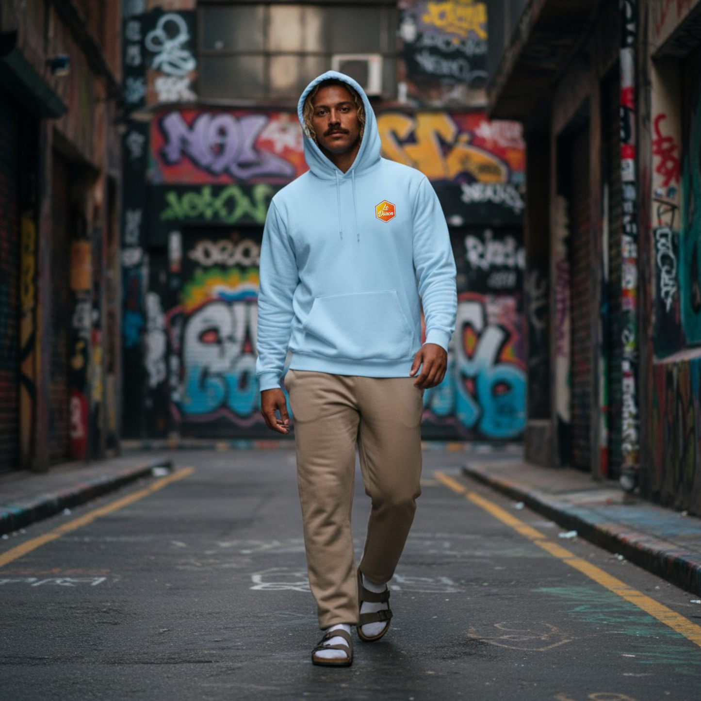 Sweat à capuche Le Daron brodé – coloris bleu matinal – porté par un papa en extérieur